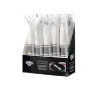 DECORLINE Ménagères 10 pièces - élégante en plastique réutilisables avec serviette pré-roulée avec couverts argentés : 10 fourchettes, 10 couteaux, 10 cuillères, 10 serviettes, 10 ronds en papier