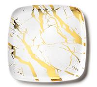 Decorline - Plateau de Service - Lot de 4 - Plats à Servir en Marbre en Plastique Réutilisable Robuste, Plateaux Traiteur de présentation/décoration Pour de Fête Buffet - Carré 35x35 - Blanc/Or