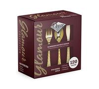 Decorline, Set de Couverts en Plastique Réutilisable - 120 Pièces/pour 40 Personnes - Cuillères, Fourchettes et Couteaux Résistants, Ensemble de Couverts Glamours - Or