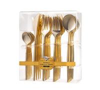 Decorline, Set de Vaisselle en Plastique résistant et Réutilisable - 40 Pièces/pour 8 Personnes - Cuillères, Fourchettes et Couteaux Résistants, Ensemble de Couverts Noble - Or