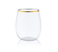 DECORLINE Verres à vin plastique sans pied | 355 ml lot de 24 | Gobelets à vin réutilisables | Verres à boire sans BPA | Idéal pour le vin rouge et blanc, le cocktail - Transparent avec bordure dorée