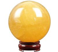 DECORN Boule de Cristal de guérison Boule de Divination polie à la Citrine Naturelle Sphère décorative avec Support en Bois pour Le Feng Shui Sorcellerie méditation, Calcite Jaune,60mm