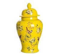 DECORN Pot de Gingembre Chinois avec Couvercle Style Antique - Vase Traditionnel en Porcelaine avec Oiseaux - Pots Couverts en céramique pour la Table décorative à la Maison,Jaune,7.3" Dia x 13.8" H
