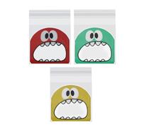 DECORNIJIA 300 Sachets Adhésifs à Biscuits en Plastique Opp 13X10 CM Motifs Petits Monstres Colorés Rouge Jaune Vert pour Présents Fêtes Pâtisserie et Emballage Gourmand