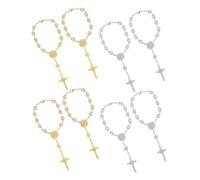 DECORNIJIA 4 Pièces Bracelet Chapelet Perles Imitation pour Prière Doré et Argenté Bracelet Religieux Traditionnel avec Croix pour Baptême Mariage et Cérémonies Religieuses