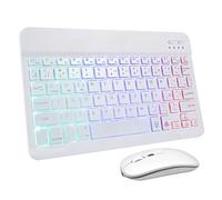 DECORNIJIA Clavier et Souris sans Fil Portable Rétroéclairé Trois Couleurs Rechargeable Multi-appareils pour Appareils Tactiles et Téléphones avec Stickers Clavier Espagnol
