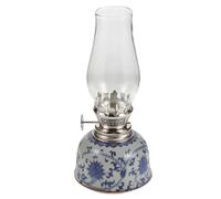 DECORNIJIA Lampe à Pétrole Ancienne en Porcelaine Bleue et Blanche, Lampe à Huile de Table Décorative Motifs Lotus, Éclairage Rustique pour Intérieur et Camping, Lanterne Tempête Vintage