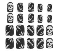 DECORNIJIA Lot de 24 Faux Ongles Courts Carrés Noirs à Coller Motif Tête de Mort Gothique Capsules Auto-Adhésives pour Halloween Manucure D’Horreur Tenue Longue Durée Accessoire Cosplay