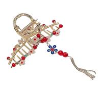 DECORNIJIA Pince à Cheveux en Perles et Pompon Grosse Taille pour Cheveux Épais, Accessoire Fleur Métallique Rouge pour Femmes et Filles, Coiffure Élégante au Bureau Voyage