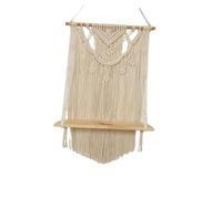 DECORNIJIA Tapisserie à Pompons Tissée Bohème avec Étagère Murale en Bois Blanc à Suspendre Murale Faite à La Main Décor Salon Et Mariage Ethnique Support De Rangement Décoratif