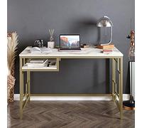 DECOROTIKA Victory Table d'étude et d'écriture avec Structure en métal | L 120 x H 75 x P 60 cm (Doré et Effet marbre Blanc)