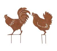 Décors De Jardin En Métal Poule + Coq (Lot De 2) Marron