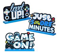 Décors de Table de Jeux Vidéo Signe de Table Pixélisé Centre de Table en Bois, Topper de Table Game on, Level Up, Just 5 More Minutes, Décor de Fête de Jeu pour Anniversaire (Bleu)