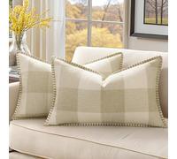decorUhome Buffalo Plaid Check Fall Throw Pillow Covers 12x20 Set of 2, Outdoor Lumbar Decorative Farmhouse Pillow Covers with Stitched Edge for Bed Couch Sofa, Cream White and Beige