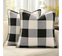 decorUhome Christmas Buffalo Plaid Check Throw Pillow Covers 18x18 Set of 2, Outdoor Linen Decorative Farmhouse Gingham Pillow Covers with Stitched Edge for Bed Couch Sofa, Black and White