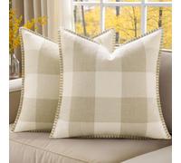 decorUhome Christmas Buffalo Plaid Check Throw Pillow Covers 22x22 Set of 2, Outdoor Linen Decorative Farmhouse Gingham Pillow Covers with Stitched Edge for Bed Couch Sofa, Cream White and Beige
