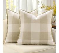 decorUhome Christmas Buffalo Plaid Check Throw Pillow Covers 24x24 Set of 2, Outdoor Linen Decorative Farmhouse Gingham Pillow Covers with Stitched Edge for Bed Couch Sofa, Cream White and Beige