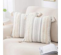 decorUhome Decorative Boho Throw Pillow Covers 18x18 Set of 2, Accent Neutral Textured Tufted Pillow Covers Striped for Couch Bed Sofa Living Room, Beige and Cream White