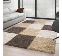 DecoTappi Tapis par Taille Couleur Marron-Blanc-Beige 80x150 cm Shaggy Pile Longue à Carreaux plusiuers Couleurs et Tailles au Choix