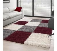 DecoTappi Tapis par Taille Couleur Rouge-Blanc-Gris 200x290 cm Shaggy Pile Longue à Carreaux plusiuers Couleurs et Tailles au Choix