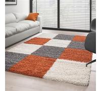 DecoTappi Tapis par Taille Couleur Terra-Blanc-Gris 80x250 cm Shaggy Pile Longue à Carreaux plusiuers Couleurs et Tailles au Choix