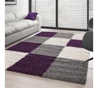 DecoTappi Tapis par Taille Couleur Violet-Blanc-Gris 200x290 cm Shaggy Pile Longue à Carreaux plusiuers Couleurs et Tailles au Choix