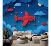 Découpage Papier Papier Peint Intissé Avion De Dessin Animé Nuages Banc De Poissons 300 x 210 cm Papier Peint Photo Panoramique, Bleu Poster Mural Personnalisé pour Salon Cuisines Chambre Murale