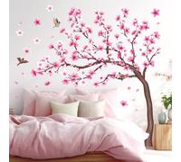 DECOWALL SG4-2431 Stickers muraux en forme de cerisier en fleurs pour chambre d'enfant salon décoration de branches de fleurs rose TV oiseaux arrière-plan artistique décoller et coller