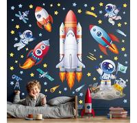 DECOWALL Stickers Muraux Espace Fusées Astronautes Étoiles (SG2-2416) | Fusées, astronautes et étoiles pour un décor spatial coloré, facile à poser, amovible et repositionnable sur surfaces lisses