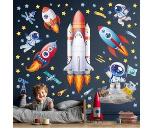 DECOWALL Stickers Muraux Espace Fusées Astronautes Étoiles (SG2-2416) | Fusées, astronautes et étoiles pour un décor spatial coloré, facile à poser, amovible et repositionnable sur surfaces lisses
