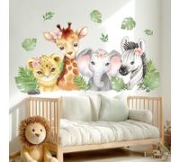 DECOWALL Stickers Muraux Safari Animaux de la Jungle - Girafe, Éléphant, Lion et Zèbre, Décoration Murale Aquarelle pour Chambre Bébé Enfant (SG2-2410)