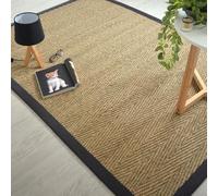 Decoweb Tapis Jonc de mer Assam Chevron - Ganse Coton Noire - 200 x 200 cm