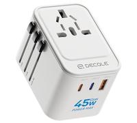 decqle Adaptateur Prise Universelle, Adaptateur Voyage International avec 2 Ports USB-C(GaN 45W) ＆ 1 USB-A, Concerner France vers USA, UK, EU, AU ＆ 224+ Pays (Blanc)