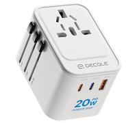 decqle Adaptateur Prise Universelle, Adaptateur Voyage International avec 2 Ports USB-C(PD 20W) ＆ 1 USB-A, Concerner France vers USA, UK, EU, AU ＆ 224+ Pays (Blanc)