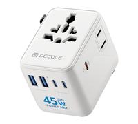 decqle Adaptateur Prise Universelle, Adaptateur Voyage International avec 3 USB-C(GaN 45W), 2 USB-A ＆ 2 AC, Concerner France vers USA, UK, EU, AU ＆ 224+ Pays (Blanc)