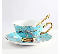DECRZPB Ensemble tasse à café et soucoupe en céramique Van Gogh Ensemble tasse à café et soucoupe en poterie fleur d'amandier, cadeau d'anniversaire pour le bureau et la maison