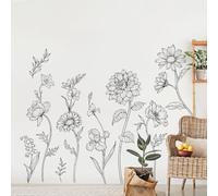 Decvictor Stickers Muraux Esquisse Fleur Dahlia Autocollant Mural Noir Simple ligne Fleur Decoration Murale pour Chambre Salon Allée Bureau Canapé Fond TV Mur (W174 * H90 cm)
