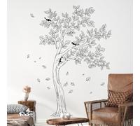 Decvictor Stickers Muraux Esquisse Grand Arbre Autocollant Mural Ligne Noire Feuilles Oiseaux Decoration Murale pour Chambre Salon Allée Bureau Canapé Fond TV Mur (H169 cm)