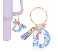 DECZHIYU Breloque en forme de lettre pour tasse Stanley avec poignée, accessoire pour gobelet Stanley, breloque violette pour clé, sac à main, sac à dos, jolie lettre initiale avec pompon papillon