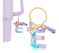 DECZHIYU Breloque en forme de lettre pour tasse Stanley avec poignée, accessoire pour gobelet Stanley, breloque violette pour clé, sac à main, sac à dos, jolie lettre initiale avec pompon papillon