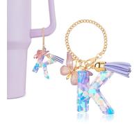 DECZHIYU Breloque en forme de lettre pour tasse Stanley avec poignée, accessoire pour gobelet Stanley, breloque violette pour clé, sac à main, sac à dos, jolie lettre initiale avec pompon papillon