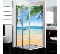 Dedeco - Dos de douche d'angle imperméable motif : plage V2, vernis UV brillant, 2x 90x200 cm, remplacement de carrelage pour salle de bain, comme paroi décorative, revêtement mural en aluminium