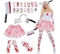 DéDéguisement Infirmière Sanglante Halloween, 6 Pièces Deguisement Zombie Femme Accessoires avec Jupe Tutu Sanglante, Machette Halloween, Costume Infirmière Halloween Carnaval Party au Thème Cosplay