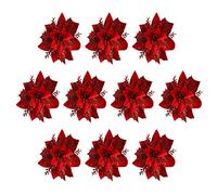 DEDEMCO Lot de 10 poinsettia artificielles à paillettes rouges de 14 cm pour décoration de mariage, arbre de Noël, couronnes, guirlandes de vacances, rouge