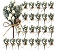 DEDEMCO Lot de 20 pics artificiels en pin avec pommes de pin blanches - Fleurs artificielles - Branches de fleurs - Décorations florales - Pour mariage, jardin, sapin de Noël