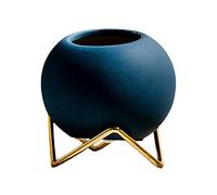 DEDEMCO Vase à fleurs en céramique, style nordique avec support en métal, vase décoratif moderne, vase rond en poterie pour mariage, maison, centre de table, bleu, 3.9 x 4.1 inch