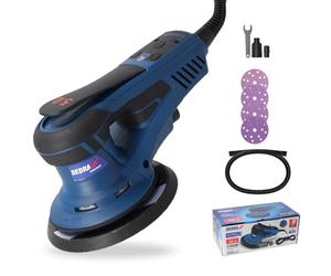 DEDRA Ponceuse excentrique 350 W, Ø 150 mm - Sans brosse, vitesse de rotation réglable 4000-10000 tr/min, aspiration de la poussière, design ergonomique avec poignée douce, kit d'accessoires inclus