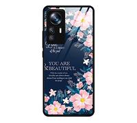 Dedux Coque pour Xiaomi Mi 12T Pro 5G, Etui Ciel Étoilé Verre Trempé Back Coque + Souple Silicone TPU Case Cover Protection Antichoc Housse. Fleurs Roses