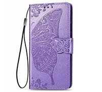 Dedux Flip Coque Samsung Galaxy A71, [Stand Support] [Porte Cartes de Crédit] [Fermeture Magnétique] Etui Portefeuille Fleur de Papillon Rose en Relief Étui Portefeuille, Violet