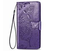Dedux Flip Coque Xiaomi Redmi Note 8T, [Porte Cartes de Crédit] [Fermeture Magnétique] Etui Portefeuille Fleur de Papillon Rose en Relief Étui Portefeuille, Violet Foncé